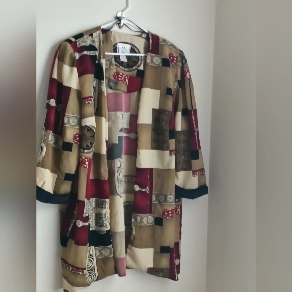 Studio C Blazer Women 20 Red and Tan Patchwork Artsy Art Academia Office Quirky